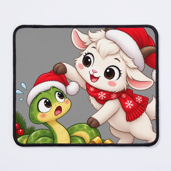 Item preview, Cute Christmas Goat Putting Santa Hat On Green Snake designed and sold by ArtNova17.