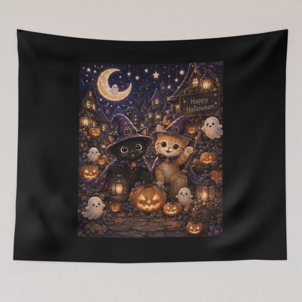 Item preview, Happy Halloween Witch Cats And Little Ghosts designed and sold by Soluna Studio.