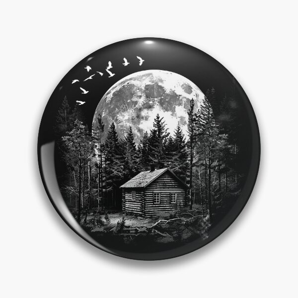 Item preview, Full Moon Cabin in Pine Forest Black and White Wilderness Art Design designed and sold by inkoutninja.