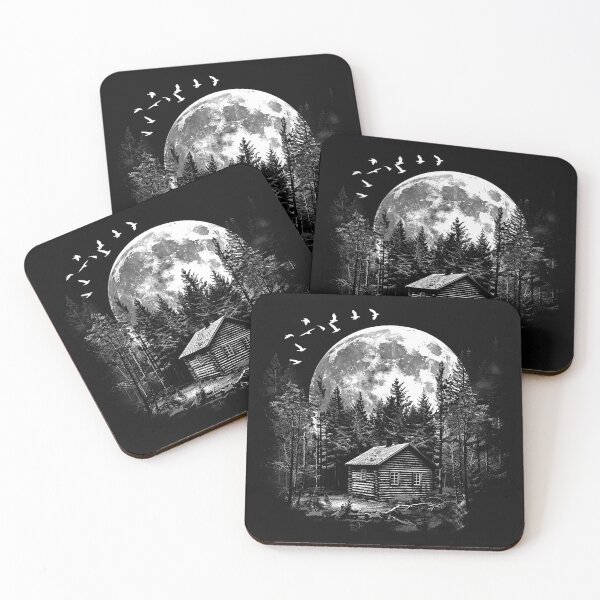 Item preview, Full Moon Cabin in Pine Forest Black and White Wilderness Art Design designed and sold by inkoutninja.