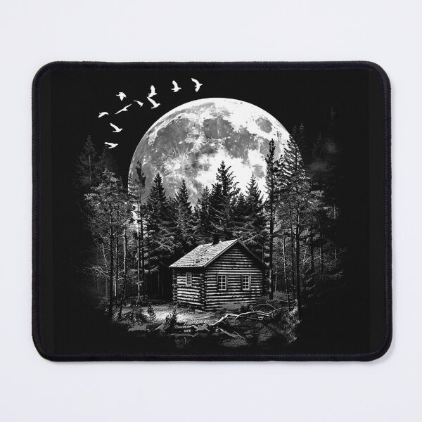 Item preview, Full Moon Cabin in Pine Forest Black and White Wilderness Art Design designed and sold by inkoutninja.