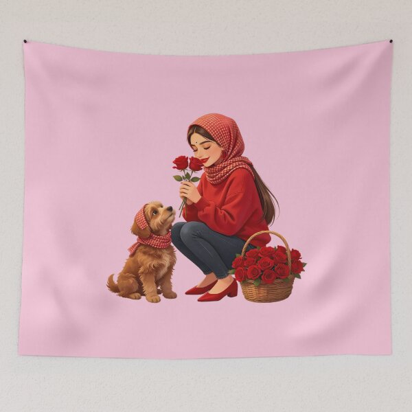 Item preview, Woman with Red Roses and Matching Fluffy Dog designed and sold by Bondingbonding.