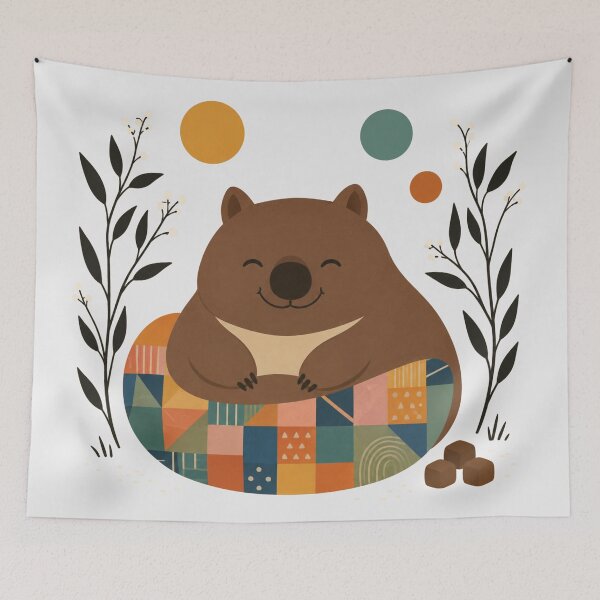 Item preview, Chubby Happy Rainbow Wombat on Boho Patchwork Australiana Marsupial Art designed and sold by Yellowriversss.
