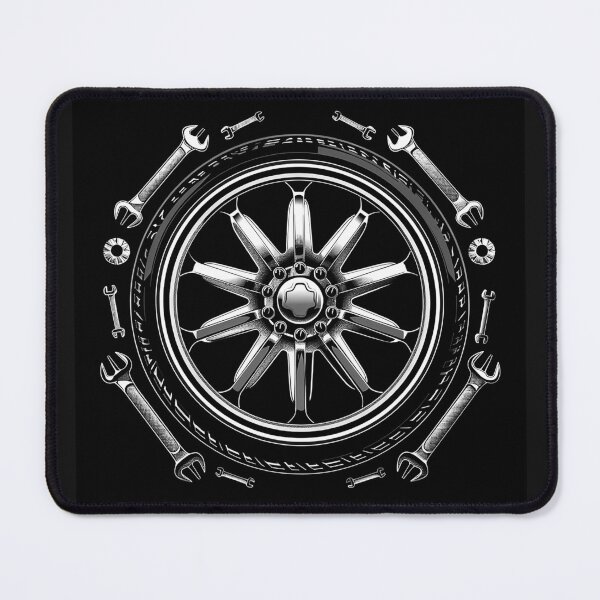 Item preview, Alloy Wheel with Wrenches Black and White Mechanic Garage Automotive Art designed and sold by inkoutninja.