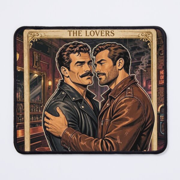 Item preview, Retro Gay San Francisco 'The Lovers' Leather Tarot Card Gay Art Design designed and sold by ItsAKinkThing.