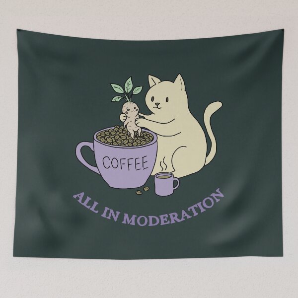 Item preview, Cat coffee and Mandrake Whimsical Art Illustration designed and sold by LeshanArt.