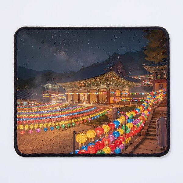 Item preview, Lantern Festival at Korean Temple: Serene Night View with Glowing Lotus Lanterns & Milky Way Art Print, Poster & Phone Case designed and sold by SOOstudio73.