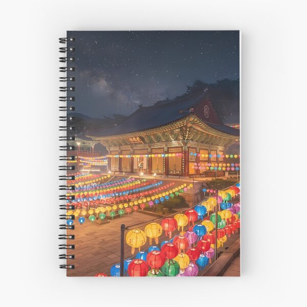 Item preview, Lantern Festival at Korean Temple: Serene Night View with Glowing Lotus Lanterns & Milky Way Art Print, Poster & Phone Case designed and sold by SOOstudio73.