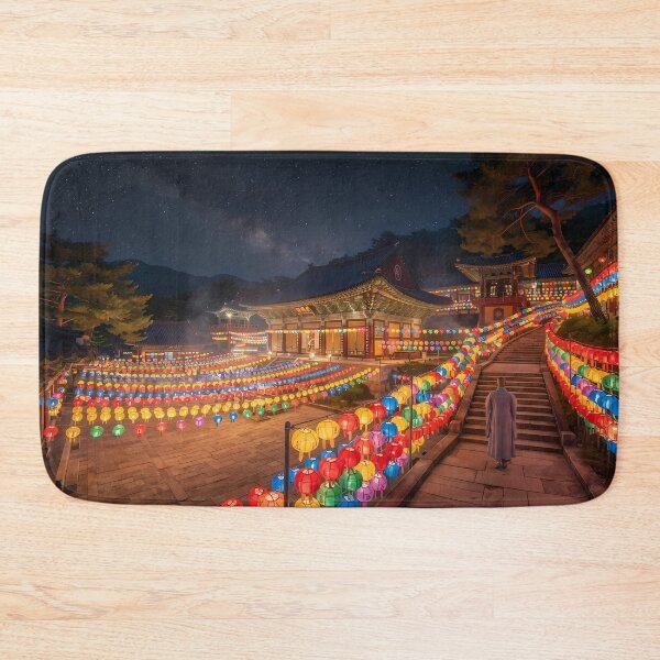 Item preview, Lantern Festival at Korean Temple: Serene Night View with Glowing Lotus Lanterns & Milky Way Art Print, Poster & Phone Case designed and sold by SOOstudio73.