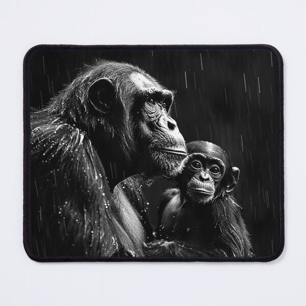 Item preview, Chimpanzee and Baby in Rain Black and White Emotional Wildlife Portrait designed and sold by inkoutninja.