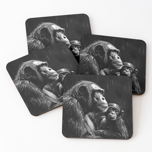 Item preview, Chimpanzee and Baby in Rain Black and White Emotional Wildlife Portrait designed and sold by inkoutninja.