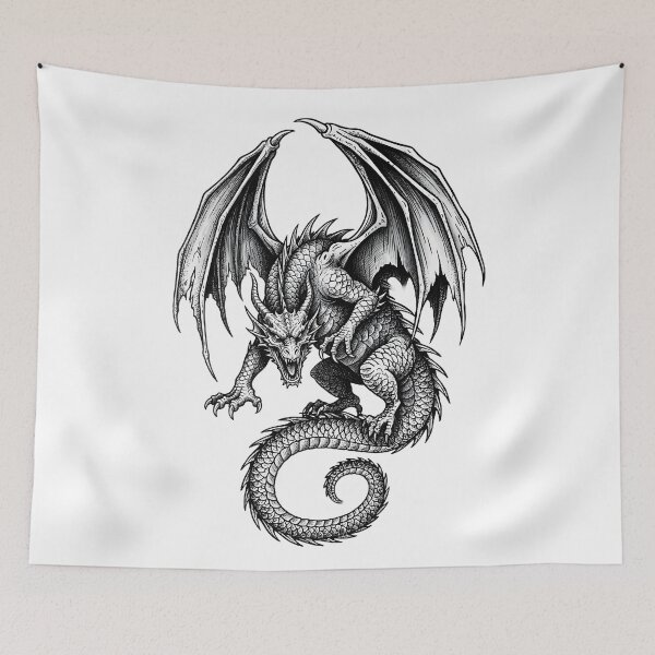Item preview, Blackwork Dragon – Coiled Winged Serpent Illustration designed and sold by DragonSerpent Ink.