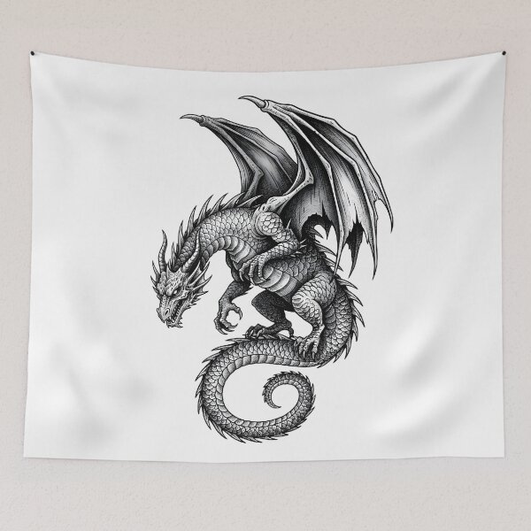 Item preview, Blackwork Coiled Dragon – Intricate Winged Serpent Illustration  designed and sold by DragonSerpent Ink.