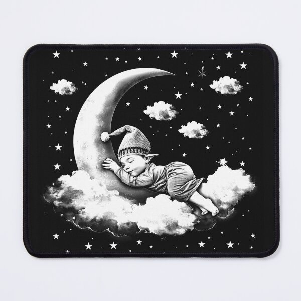 Item preview, Sleeping Baby on Crescent Moon with Clouds and Stars Black and White Nursery Art designed and sold by inkoutninja.