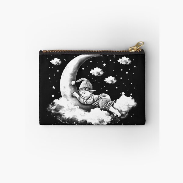 Item preview, Sleeping Baby on Crescent Moon with Clouds and Stars Black and White Nursery Art designed and sold by inkoutninja.