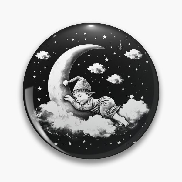 Item preview, Sleeping Baby on Crescent Moon with Clouds and Stars Black and White Nursery Art designed and sold by inkoutninja.
