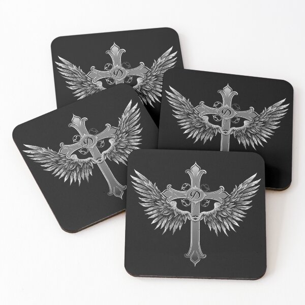 Item preview, Winged Gothic Cross with Monogram Black and White Christian Emblem Art designed and sold by inkoutninja.