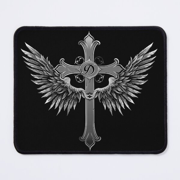 Item preview, Winged Gothic Cross with Monogram Black and White Christian Emblem Art designed and sold by inkoutninja.