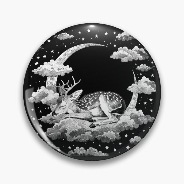 Item preview, Sleeping Deer on Crescent Moon with Clouds and Stars Black and White Celestial Art designed and sold by inkoutninja.