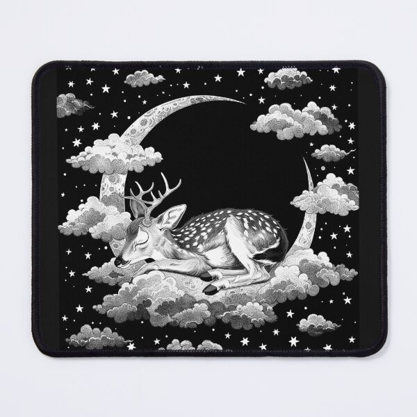 Item preview, Sleeping Deer on Crescent Moon with Clouds and Stars Black and White Celestial Art designed and sold by inkoutninja.