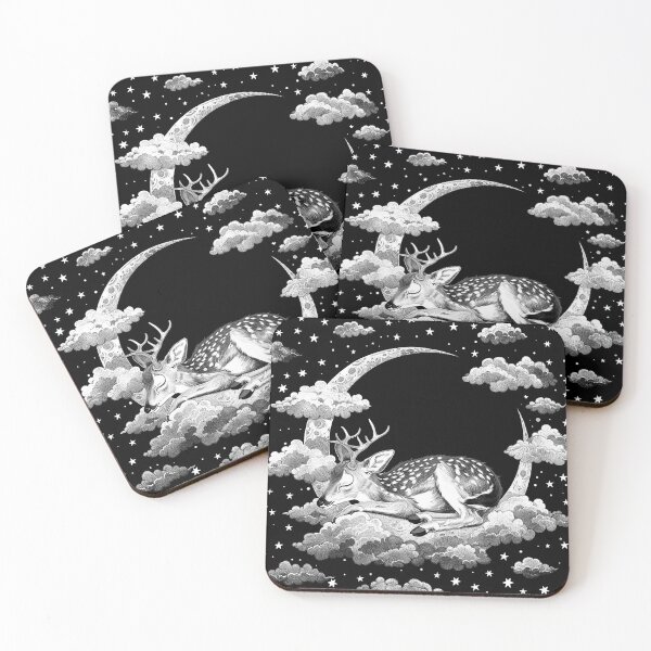 Item preview, Sleeping Deer on Crescent Moon with Clouds and Stars Black and White Celestial Art designed and sold by inkoutninja.