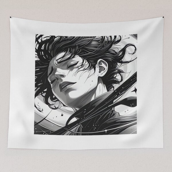 Item preview, Space Girl with Flowing Hair - Cosmic Black and White Illustration designed and sold by DarkinkArtPrint.