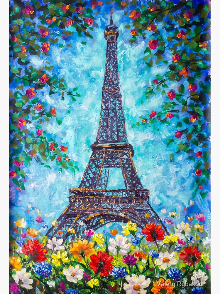 Disover Handmade painting Spring Eiffel Tower Paris in Flowers Original art for Sale Premium Matte Vertical Poster