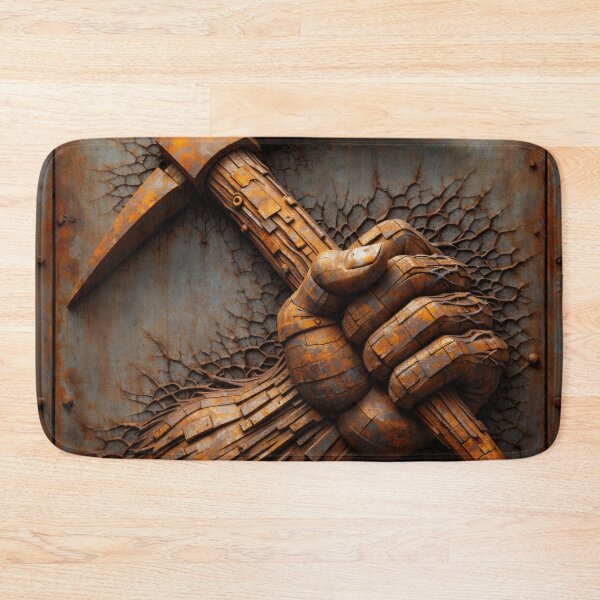 Item preview, Rusty Hand Holding Pickaxe – Industrial Mining Metal Relief Art Print designed and sold by Kaleidoscope Print.