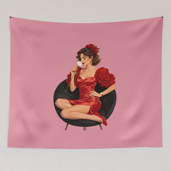 Item preview, Lady in Satin Red Dress with Roses designed and sold by Bondingbonding.