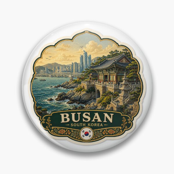 Item preview, Busan South Korea – Coastal Temple, Skyline & Vintage Travel Art designed and sold by ChicClicker.