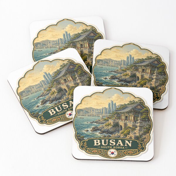 Item preview, Busan South Korea – Coastal Temple, Skyline & Vintage Travel Art designed and sold by ChicClicker.
