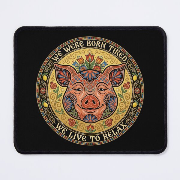 Item preview, We Were Born Tired - Folk Art Lazy Pig Medallion Graphic Print designed and sold by FreiherrPK.