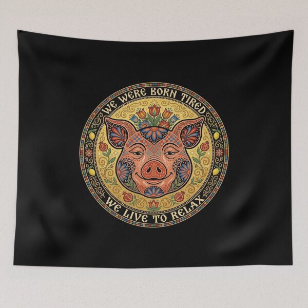 Item preview, We Were Born Tired - Folk Art Lazy Pig Medallion Graphic Print designed and sold by FreiherrPK.