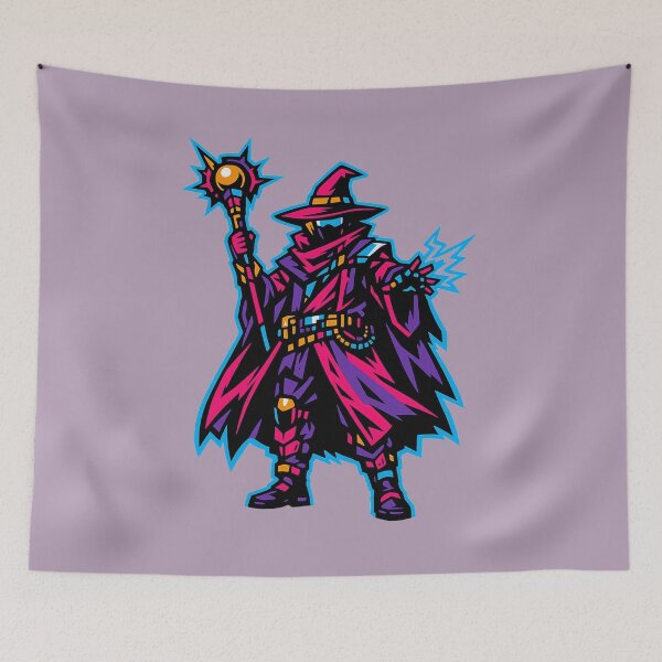 Item preview, Neon Wizard with Lightning – Masked Warlock with Orb Staff designed and sold by KungPowUnicorn.
