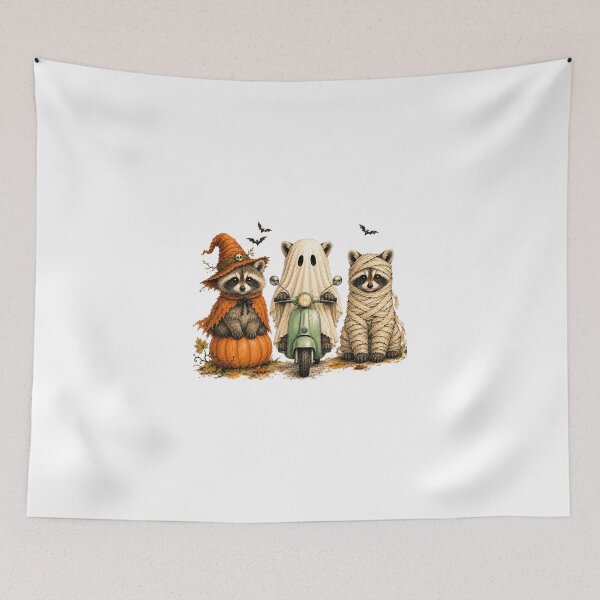 Item preview, Three Cute Raccoons Halloween Ghost Scooter Witch Mummy Graphic designed and sold by DYALEEZ-XCR.