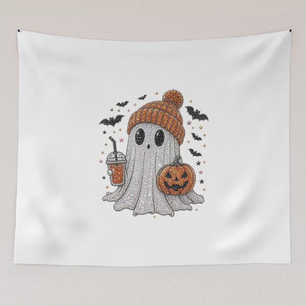Item preview, Cute Ghost With Beanie Holding Coffee And Pumpkin Halloween Bling designed and sold by DYALEEZ-XCR.