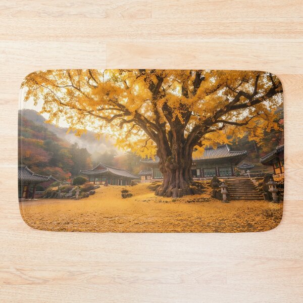 Item preview, Millennium Ginkgo Tree at Korean Temple: Majestic Golden Autumn Foliage & Yellow Carpet Art Print, Poster & Phone Case designed and sold by SOOstudio73.