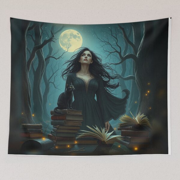 Item preview, Moonlit Library Witch and Her Black Cat Familiar designed and sold by TXLou.