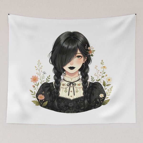 Item preview, Dark Cottagecore Girl with Black Braids and Floral Dress designed and sold by Bondingbonding.