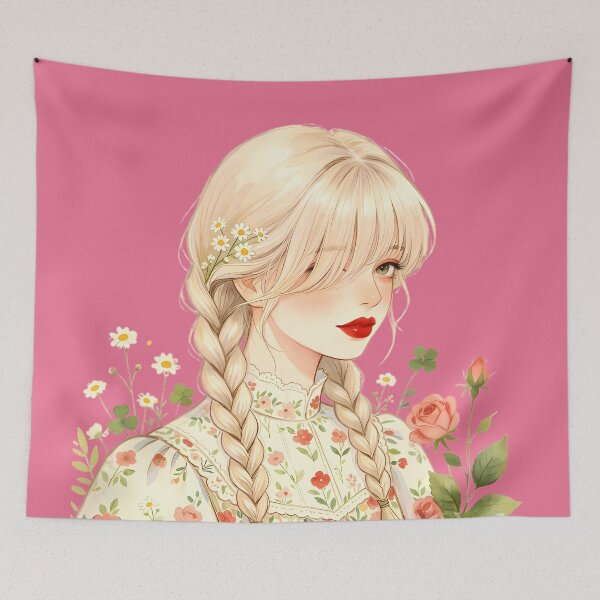Item preview, Blonde Braid Cottagecore Girl with Daisies and Roses designed and sold by Bondingbonding.