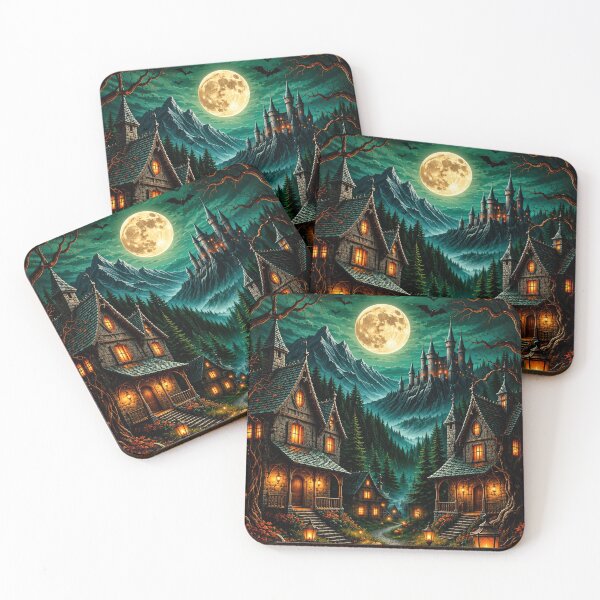 Item preview, Gothic Halloween Village with Pumpkins and Full Moon – Spooky Fantasy designed and sold by DrakariArt.