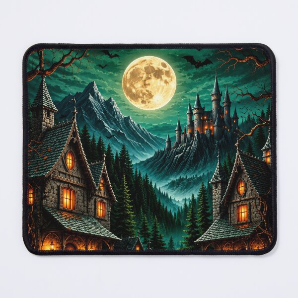 Item preview, Gothic Halloween Village with Pumpkins and Full Moon – Spooky Fantasy designed and sold by DrakariArt.