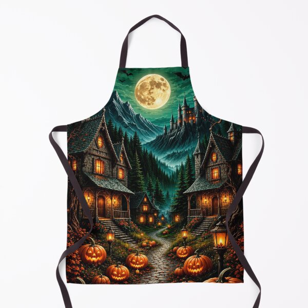 Item preview, Gothic Halloween Village with Pumpkins and Full Moon – Spooky Fantasy designed and sold by DrakariArt.