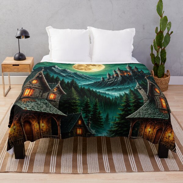 Item preview, Gothic Halloween Village with Pumpkins and Full Moon – Spooky Fantasy designed and sold by DrakariArt.
