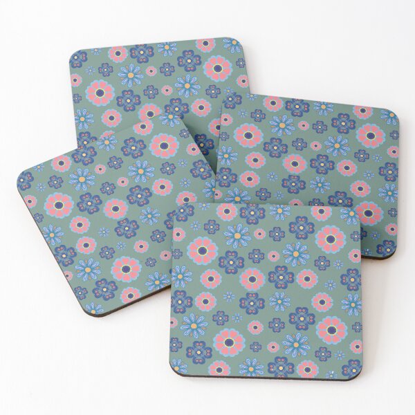 Item preview, Playful Pink and Blue Retro Flowers on Sage Green Pattern designed and sold by Sasitee.