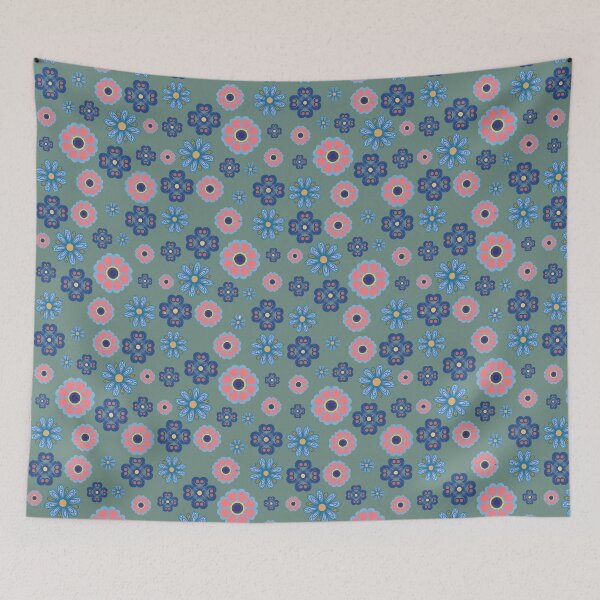Item preview, Playful Pink and Blue Retro Flowers on Sage Green Pattern designed and sold by Sasitee.