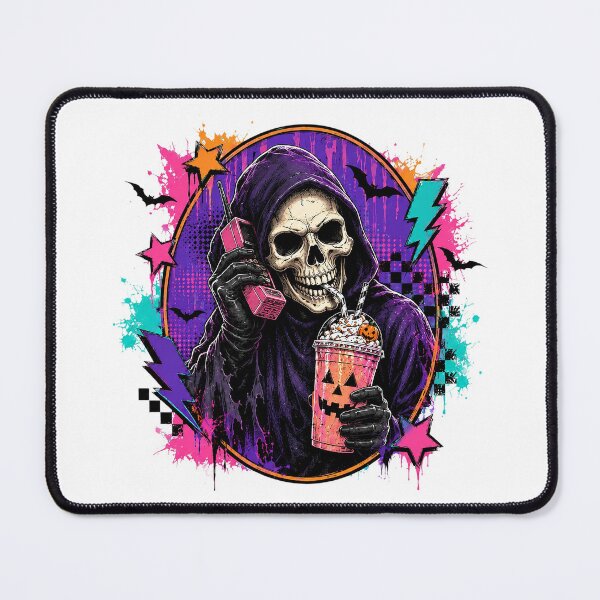 Item preview, Retro 80s Grim Reaper On Cell Phone Drinking Pumpkin Latte designed and sold by dartoffofo⭐⭐⭐⭐⭐.