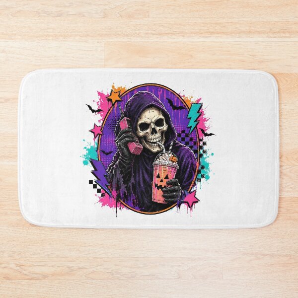 Item preview, Retro 80s Grim Reaper On Cell Phone Drinking Pumpkin Latte designed and sold by dartoffofo⭐⭐⭐⭐⭐.