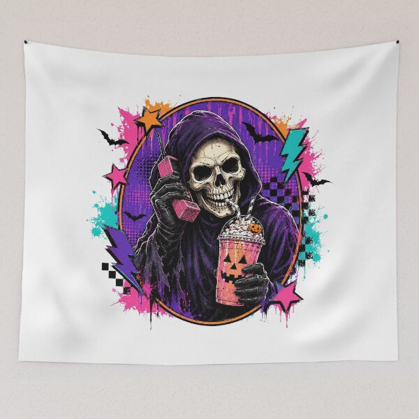 Item preview, Retro 80s Grim Reaper On Cell Phone Drinking Pumpkin Latte designed and sold by dartoffofo⭐⭐⭐⭐⭐.