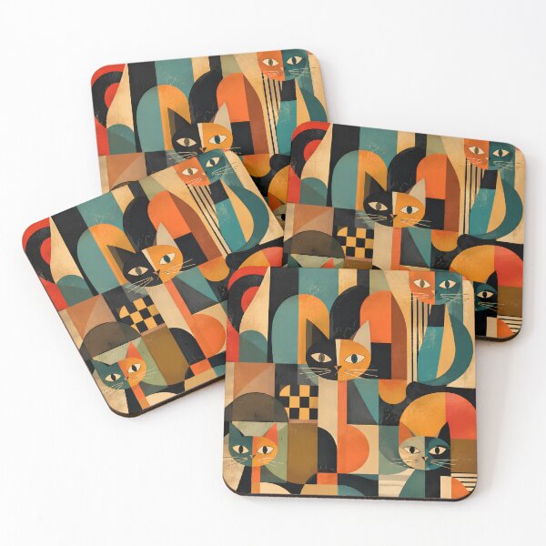Item preview, Vintage Whimsical Cubism Art Cats | Colorful Cat Lover Gift designed and sold by flowerpower999.